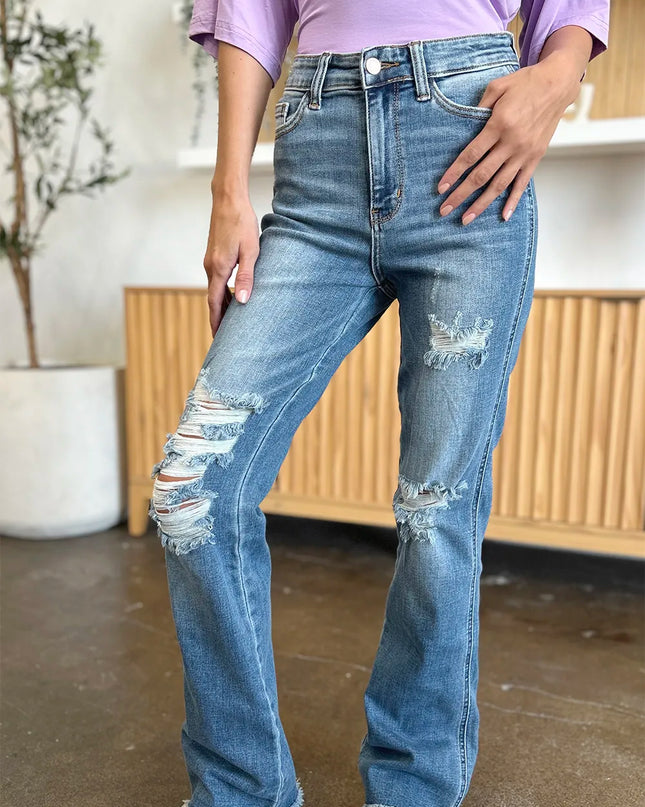 Judy Blue Full Size Distressed Raw Hem Bootcut Jeans Medium