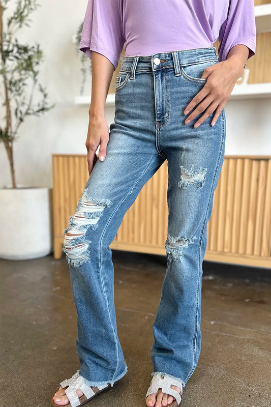 Judy Blue Full Size Distressed Raw Hem Bootcut Jeans Medium