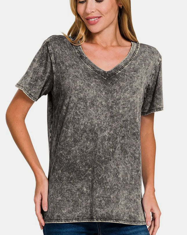 Zenana Full Size Washed Short Sleeve V-Neck T-Shirt Dark Gray