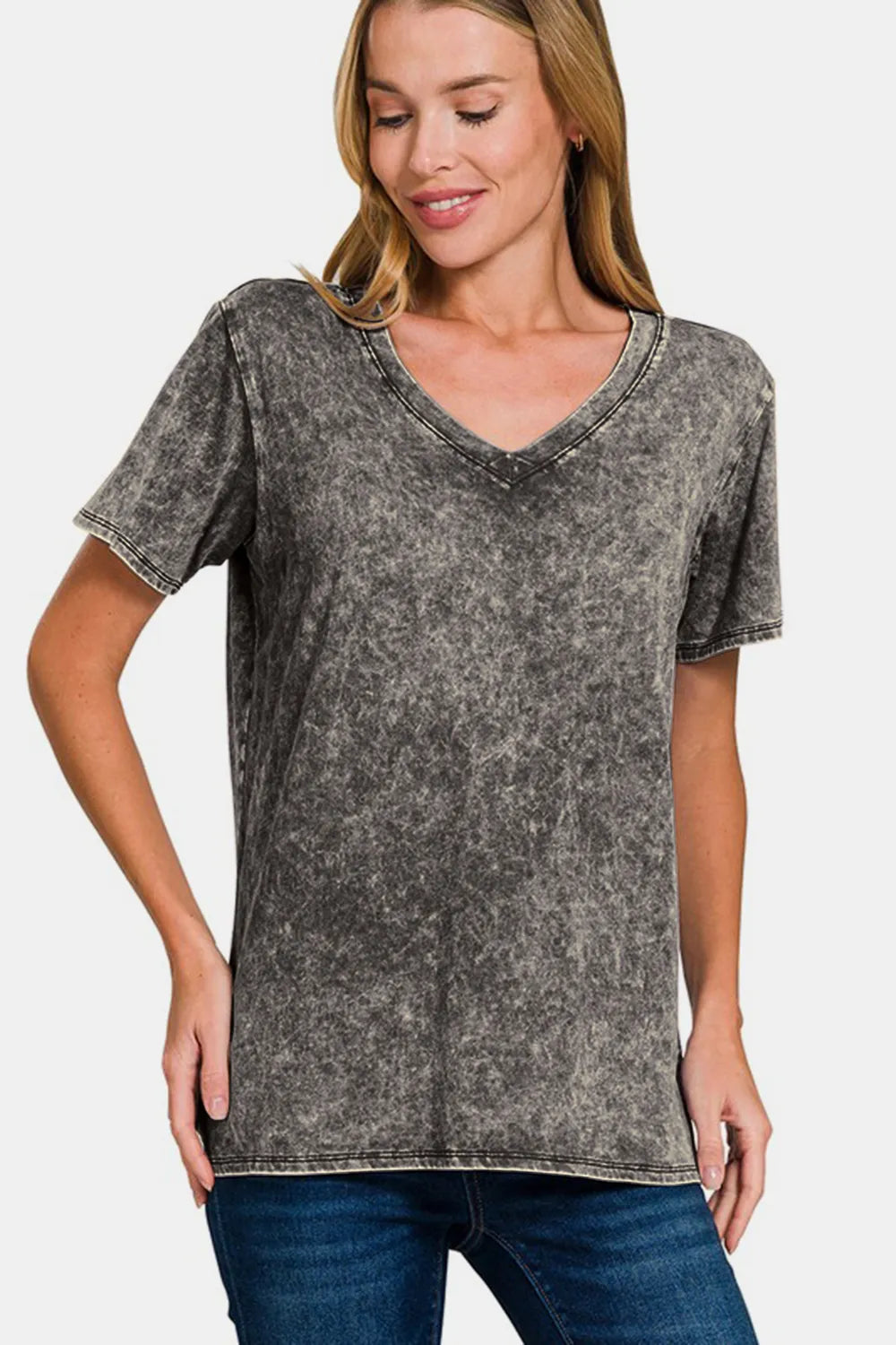 Zenana Full Size Washed Short Sleeve V-Neck T-Shirt Dark Gray