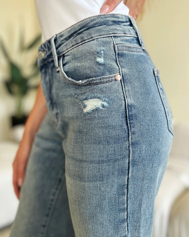 Judy Blue Full Size Mid Rise Distressed Straight Jeans