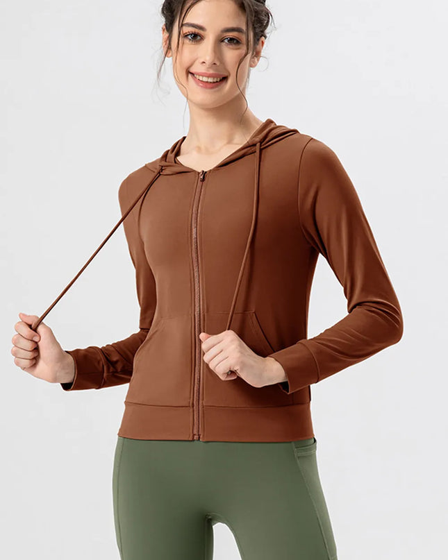 Drawstring Zip Up Hooded Active Outerwear