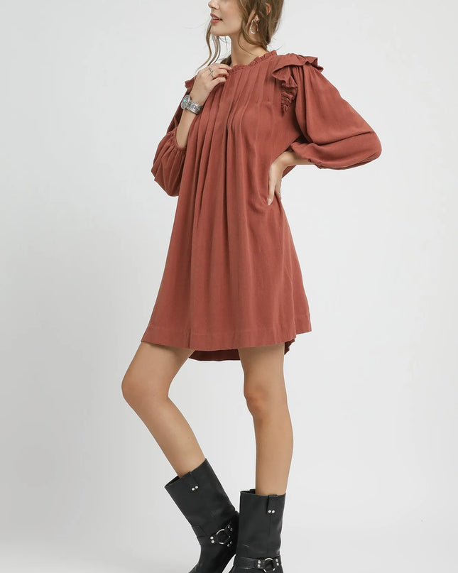 Umgee Linen Ruffle Shoulder Pleated Babydoll Dress