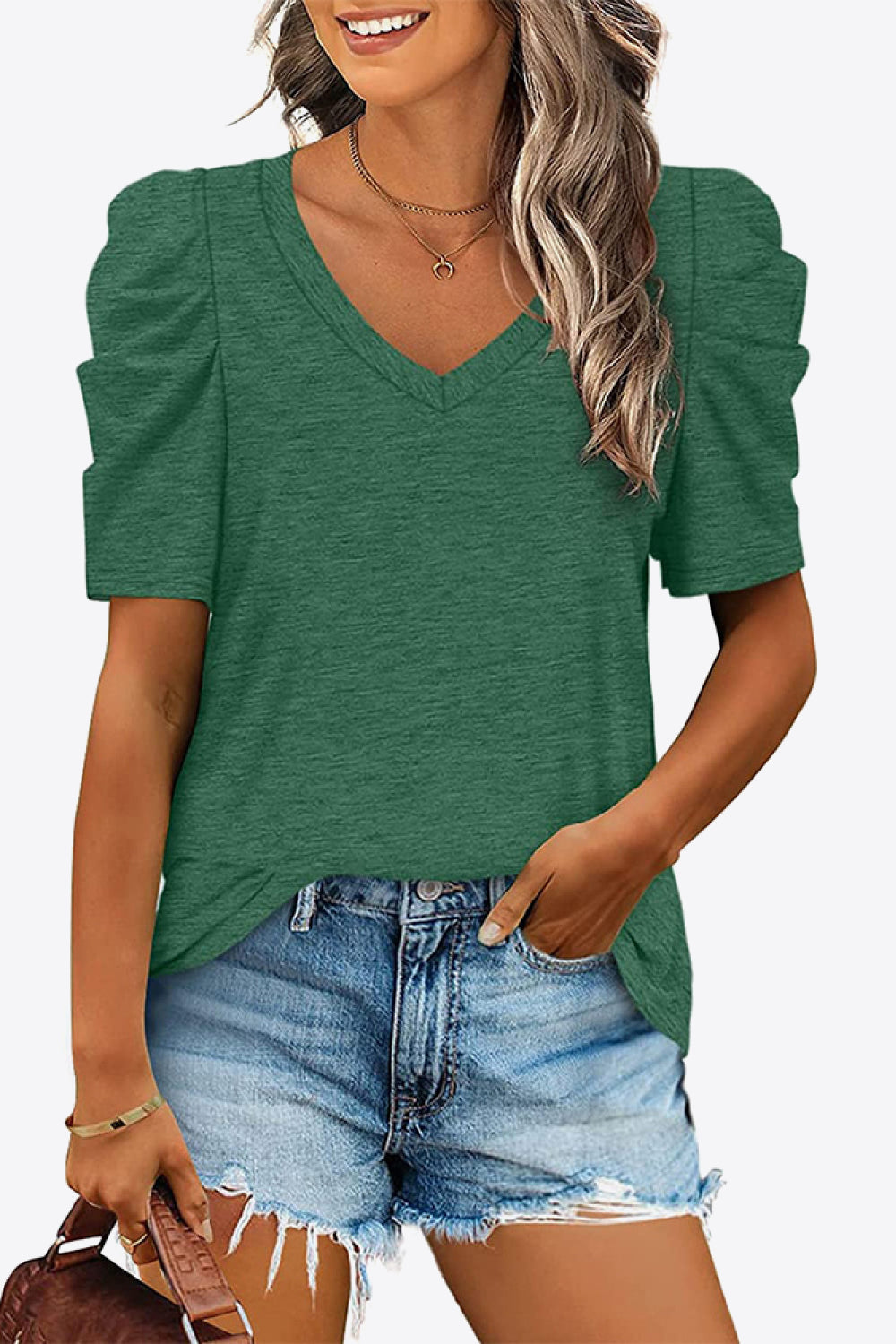V-Neck Puff Sleeve Tee Forest