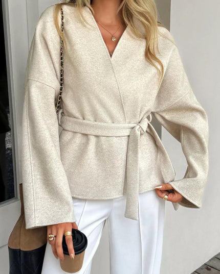 Surplice Dropped Shoulder Tie Belt Outerwear Apricot