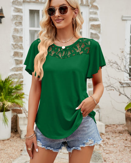 Spliced Lace Flutter Sleeve Top Mid Green