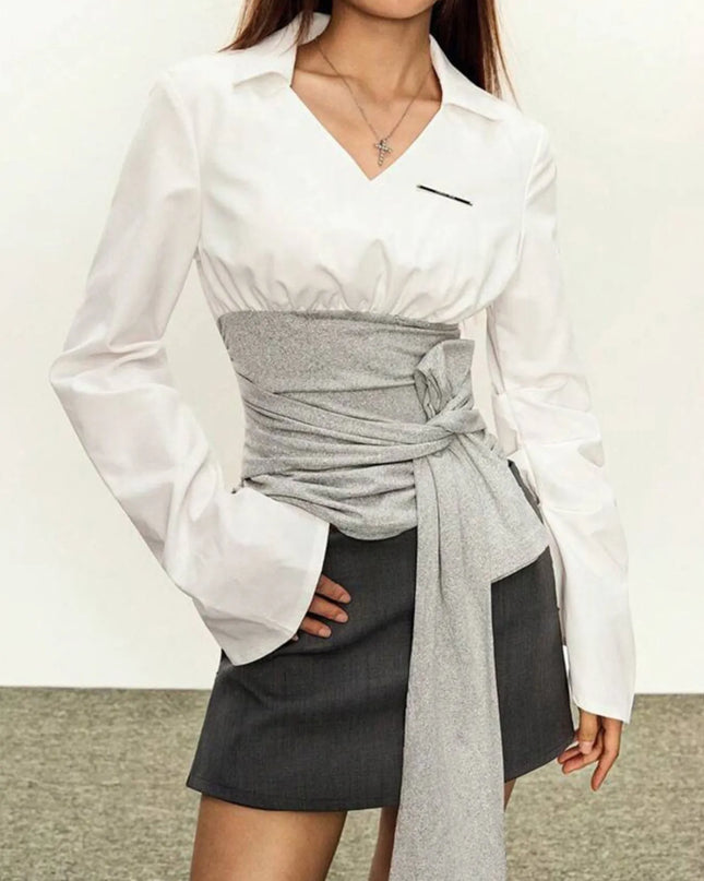 Long Sleeve Tie Front Blouse 
