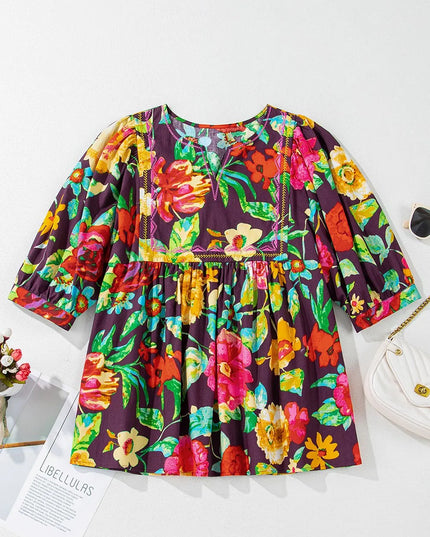 Flower Embroidered Trim Half Sleeve Blouse