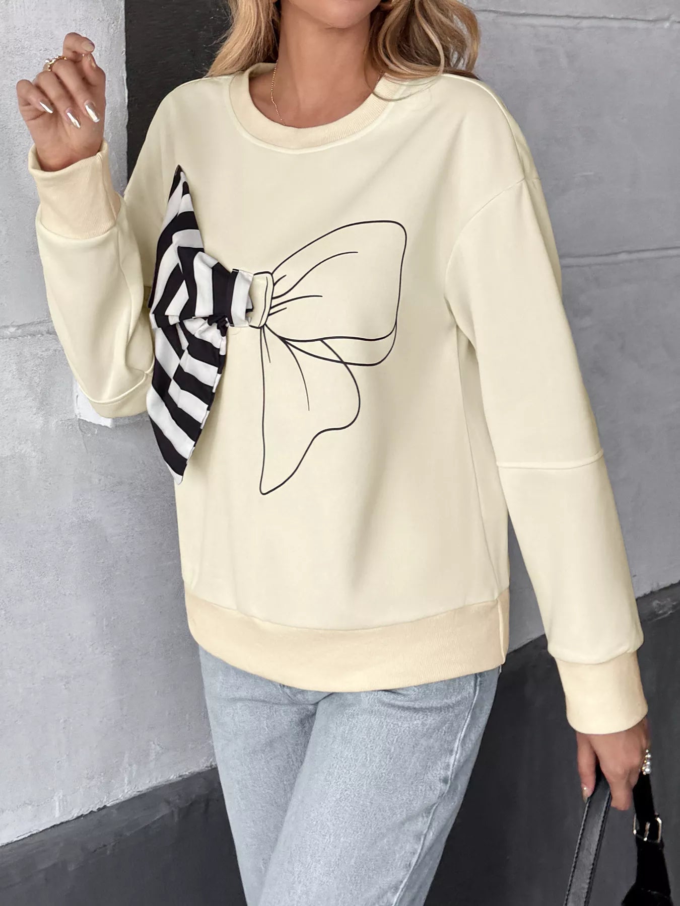 Bow Round Neck Dropped Shoulder Sweatshirt
