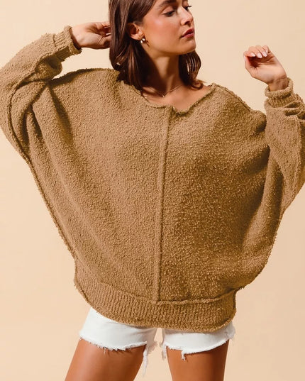 SO ME Loose Fit Exposed Seam Slouchy Boucle Sweater