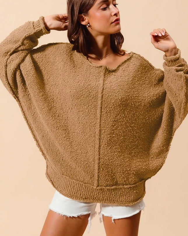 SO ME Loose Fit Exposed Seam Slouchy Boucle Sweater