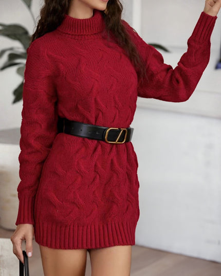 Cable-Knit Turtleneck Sweater Dress Burgundy