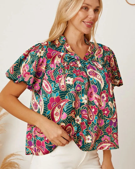 Floral Collared Neck Short Sleeve Blouse