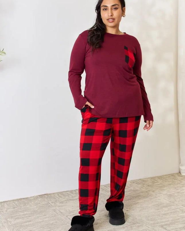 Zenana Full Size Plaid Round Neck Top and Pants Pajama Set Dark Burgundy