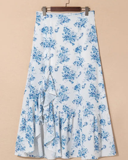Split Asymmetrical Ruffled Printed Skirt