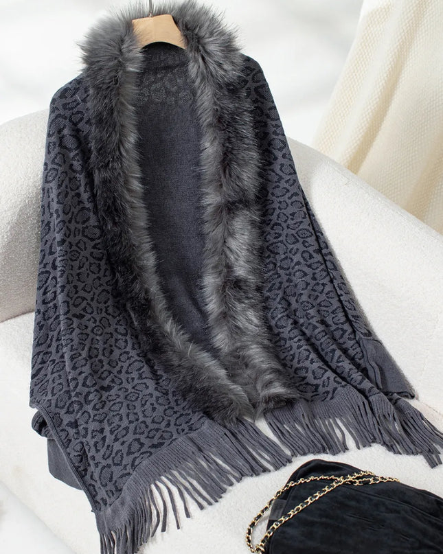 Fringe Leopard Open Front Long Sleeve Poncho Indigo One Size