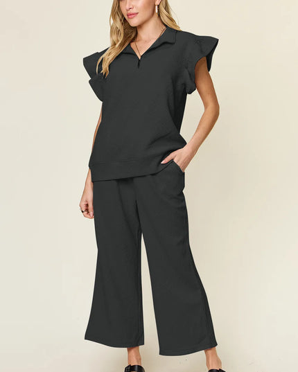 Double Take Texture Ruffle Short Sleeve Top and Drawstring Wide Leg Pants Set Black