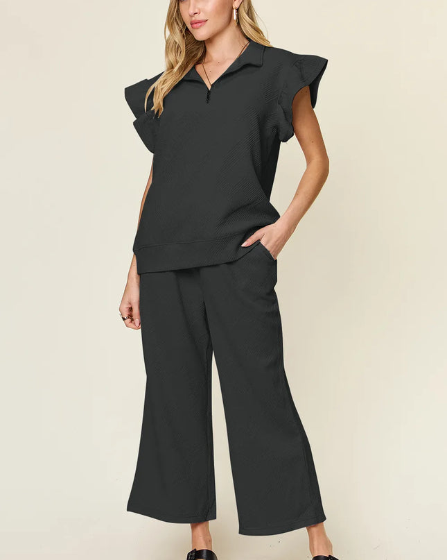 Double Take Texture Ruffle Short Sleeve Top and Drawstring Wide Leg Pants Set Black