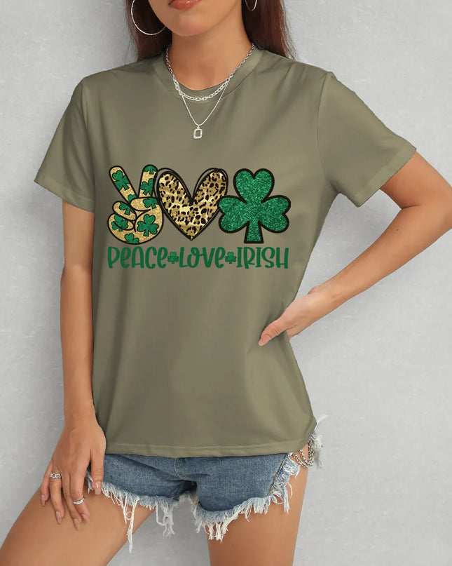 PEACE LOVE IRISH Round Neck Short Sleeve T-Shirt Army Green