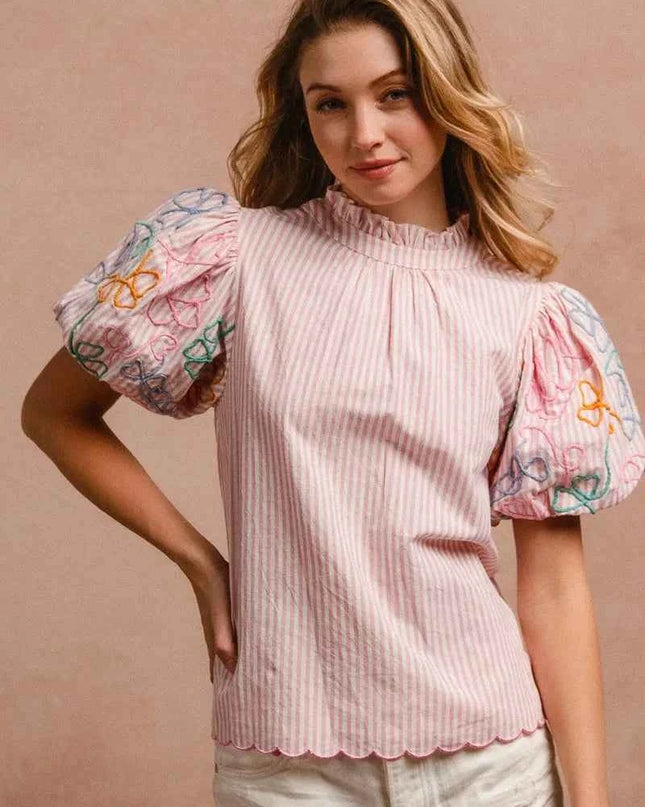 BiBi Embroidery Bubble Sleeve Top With Bottom Scallop Detail