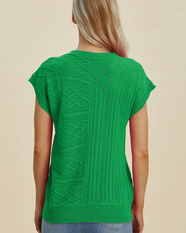 Double Take Full Size Cable-Knit Round Neck Cap Sleeve Sweater