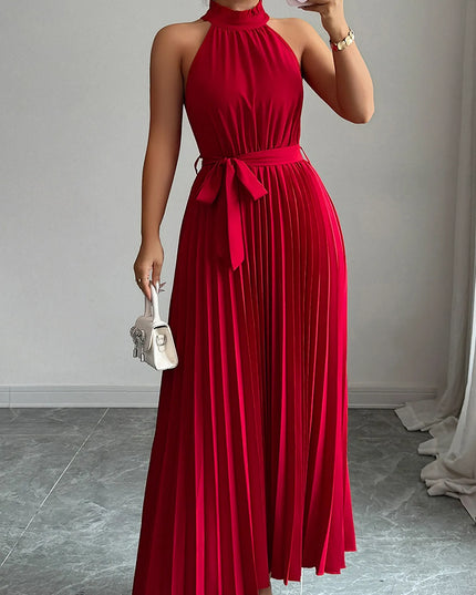 Pleated Halter Neck Tie Waist Maxi Dress Scarlet