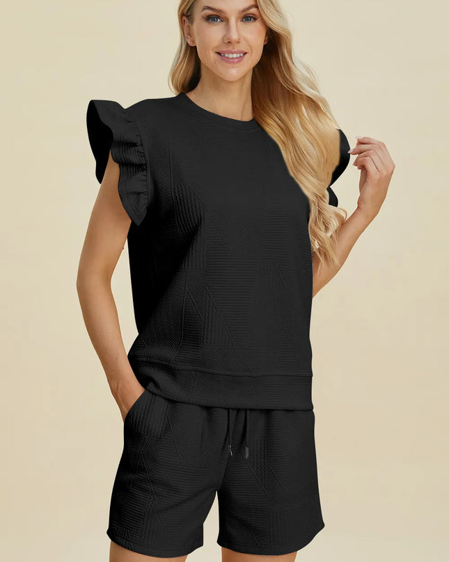 Double Take Full Size Texture Round Neck Ruffle Sleeve Top and Shorts Set