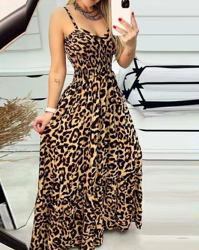 Full Size Leopard Print Spaghetti Strap Maxi Dress Plus Size 
