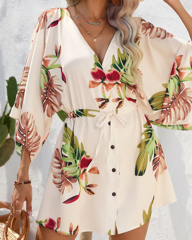 Color Block Drawstring Waist Button Up Dress