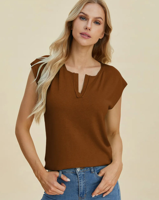 Double Take Full Size Notched Cap Sleeve Knit Top