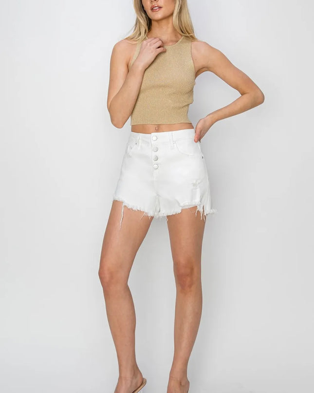 RISEN Button Fly Frayed Hem Denim Shorts 