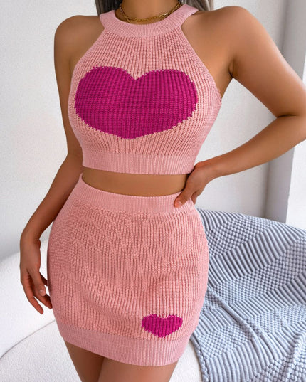 Heart Contrast Ribbed Sleeveless Knit Top and Skirt Set