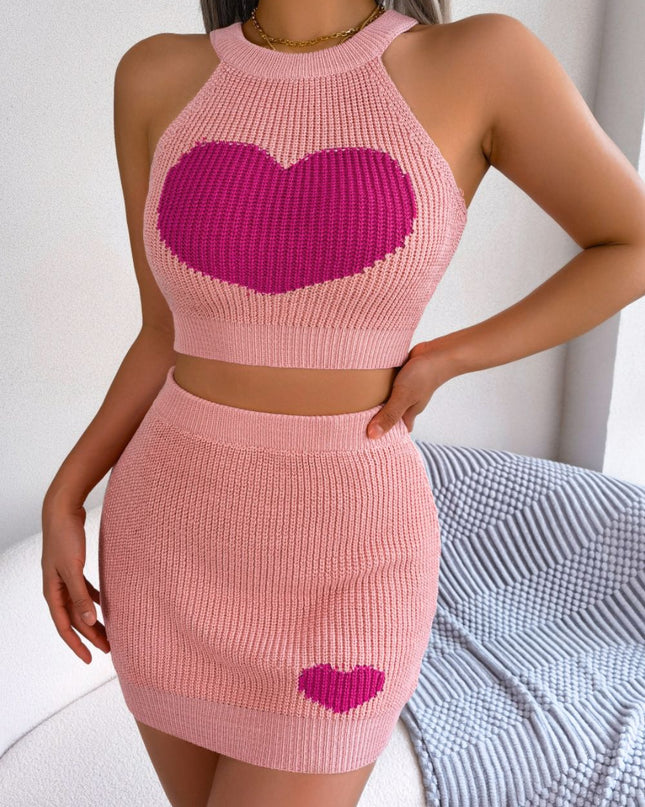 Heart Contrast Ribbed Sleeveless Knit Top and Skirt Set