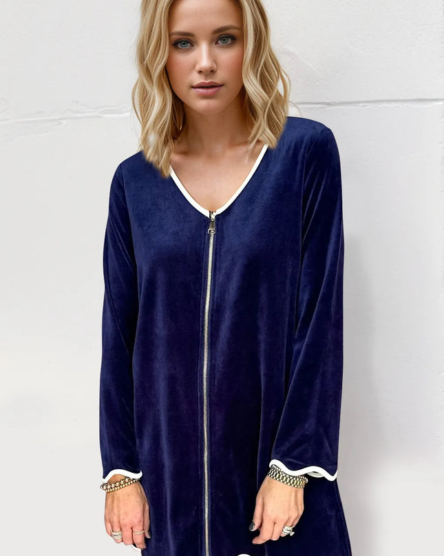 Double Take Wave Contrast Trim V-Neck Zip Up Long Sleeve Mini Dress