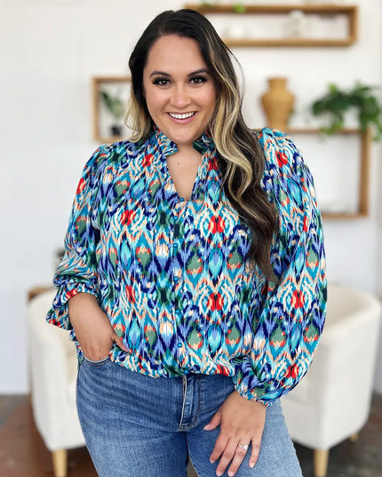 Double Take Full Size Printed Balloon Sleeve Blouse