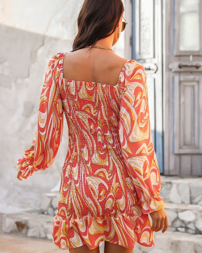 Abstract Print Square Neck Smocked Dress