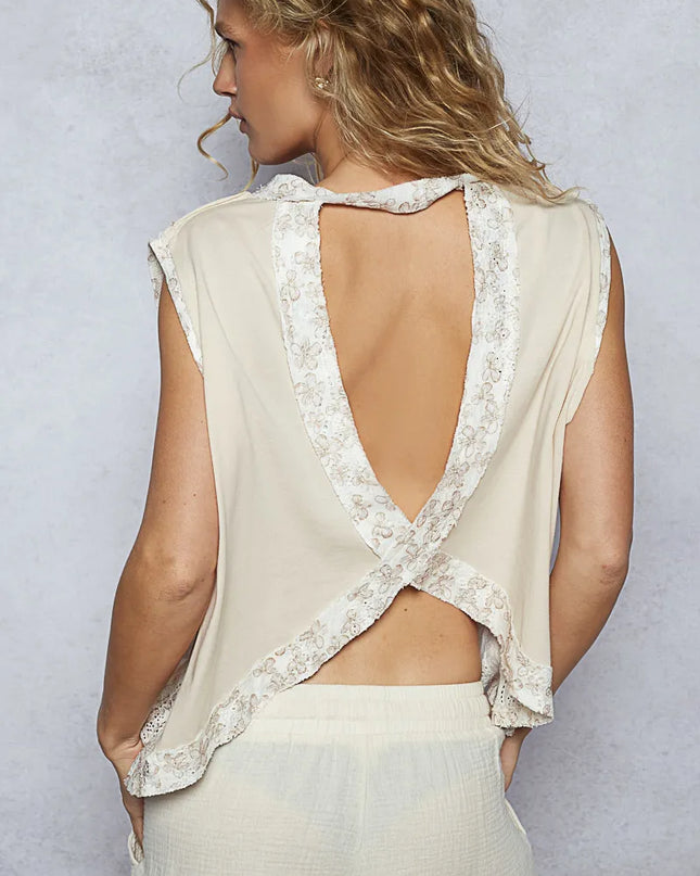 POL Round Neck Sleeveless Top with Floral Contrast