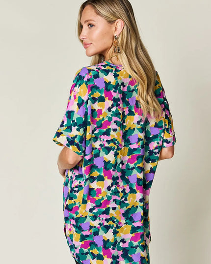 Double Take Full Size Printed V-Neck Short Sleeve Side Slit Top