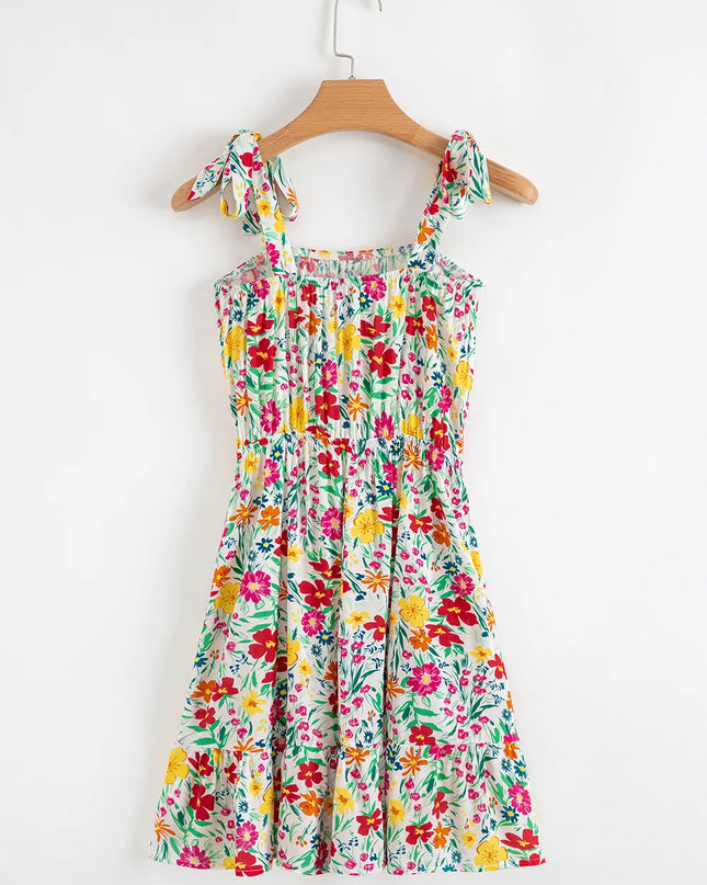 Floral Knotted Straps Cinched Waist Ruffle Hem Mini Dress
