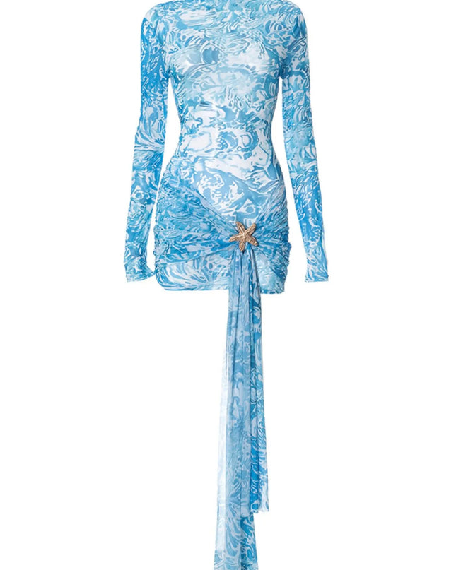 Printed Mock Neck Long Sleeve Mini Dress