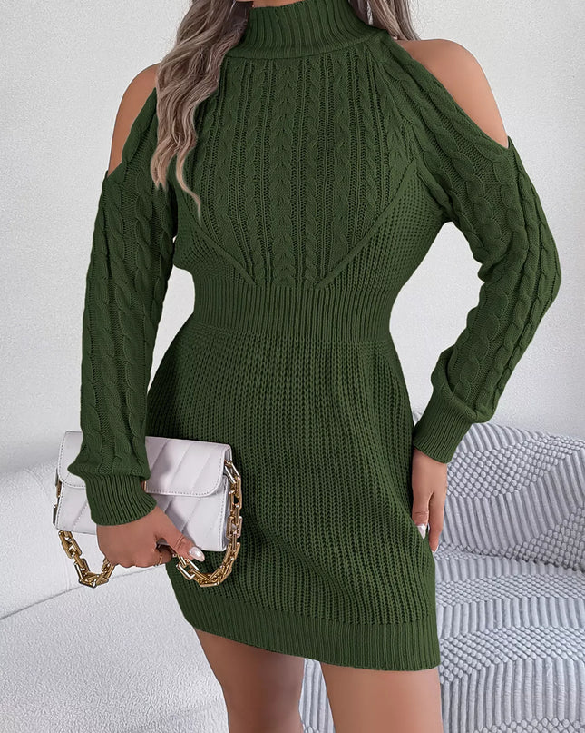 Cold Shoulder Cable Knit Turtleneck Sweater Dress