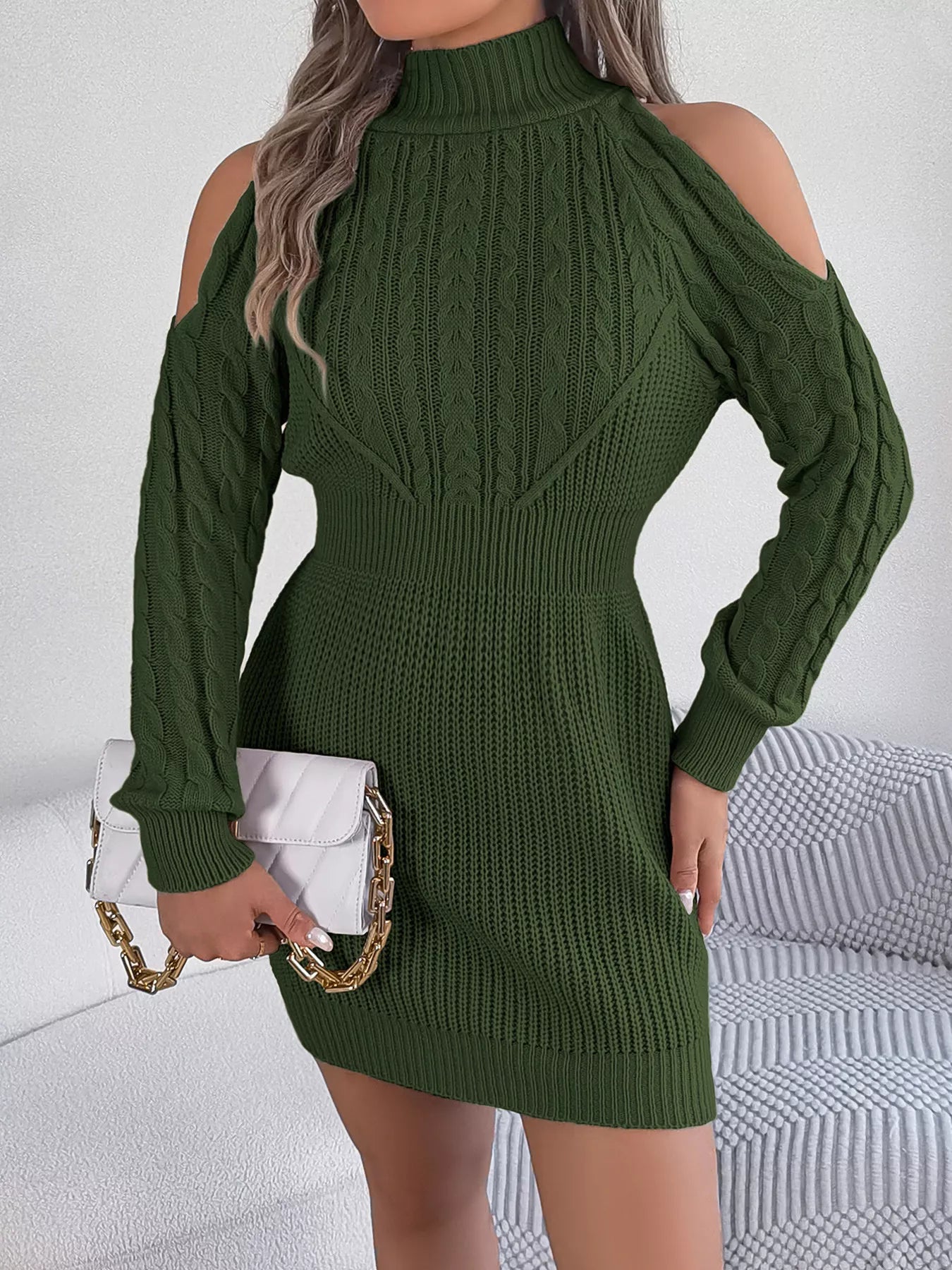 Cold Shoulder Cable Knit Turtleneck Sweater Dress