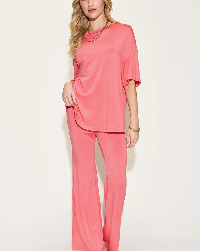 Basic Bae Full Size Bamboo Drop Shoulder T-Shirt and Flare Pants Set Coral