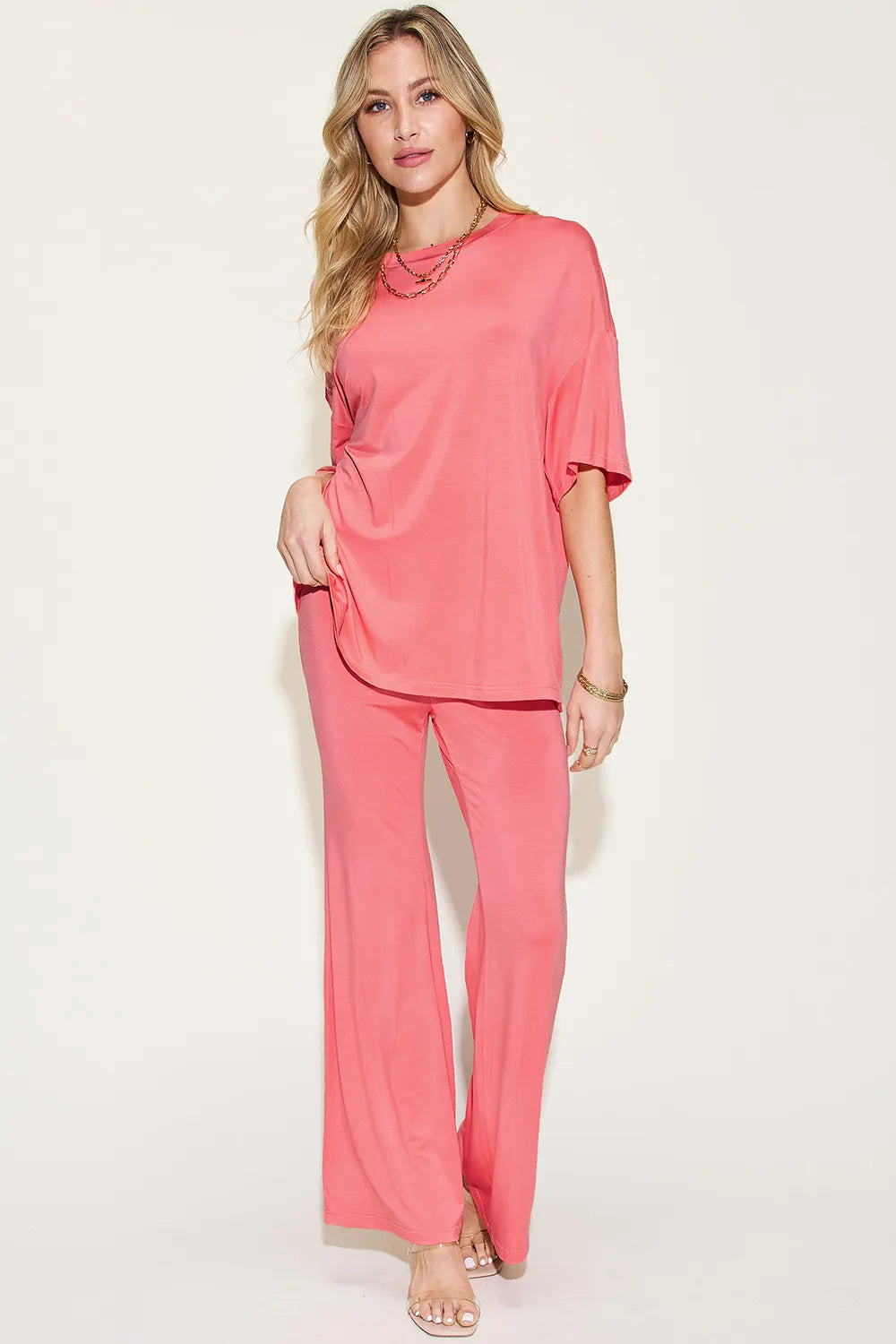 Basic Bae Full Size Bamboo Drop Shoulder T-Shirt and Flare Pants Set Coral