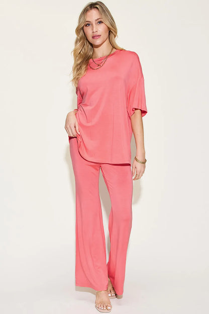 Basic Bae Full Size Bamboo Drop Shoulder T-Shirt and Flare Pants Set Coral