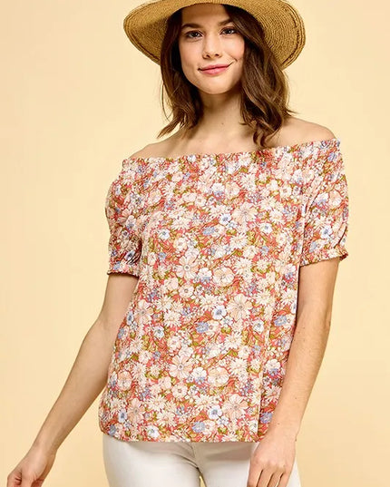 Lime 'N' Chili Floral Print Short Sleeve Off-The-Shoulder Blouse