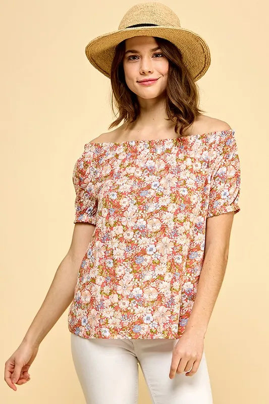 Lime 'N' Chili Floral Print Short Sleeve Off-The-Shoulder Blouse