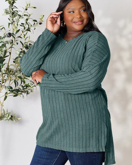 Basic Bae Full Size Ribbed Round Neck Long Sleeve Slit Top