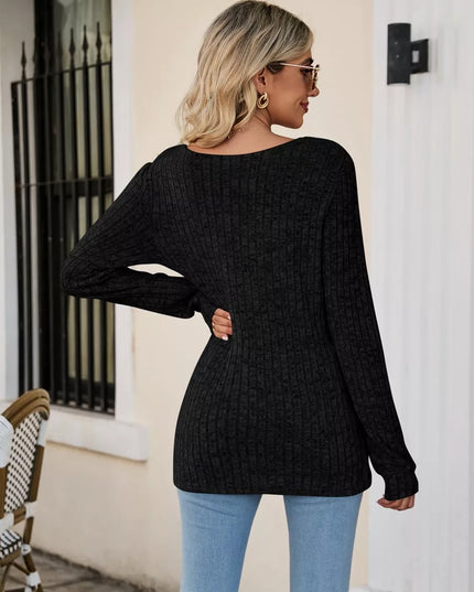 Ribbed Square Neck Long Sleeve T-Shirt