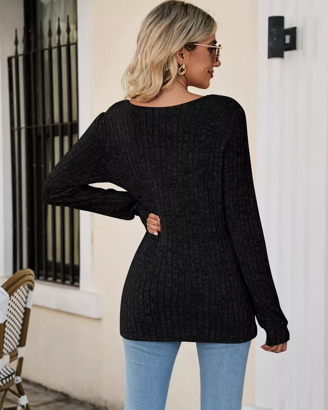 Ribbed Square Neck Long Sleeve T-Shirt